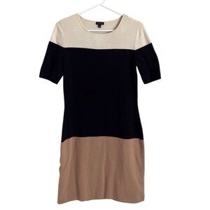 Talbots Knit Dress Colorblock Tan Black Cream Short Sleeve Neutral Career Small